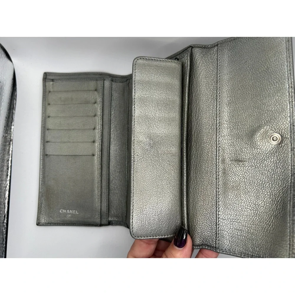 Chanel metallic grey Leather Wallet CC Logo COA card Included#100‎